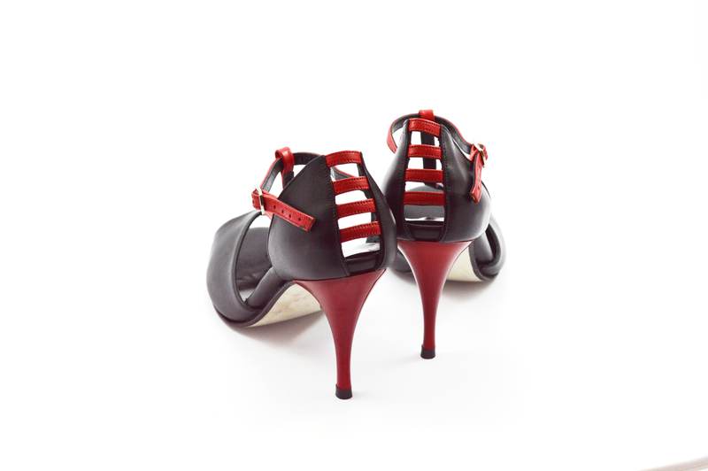 Women's Tango Shoe, peep toe style, with black soft leather and red straps