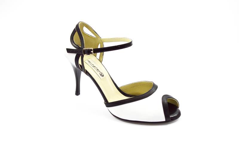 Women's Tango Shoe, peep toe style, with white and black soft leather