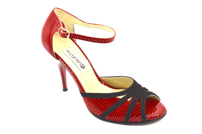 Γυναικείο παπούτσι tango peep toe από εντυπωσιακό κόκκινο φίδι και μαύρο σουετ δέρμα