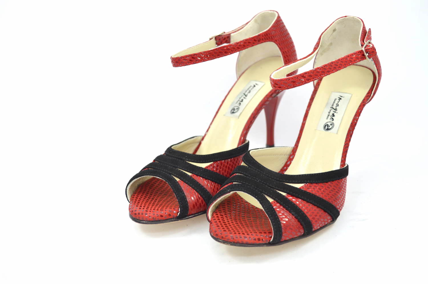 Women's Tango Shoe, peep toe style, with impressive red snake leather and black suede