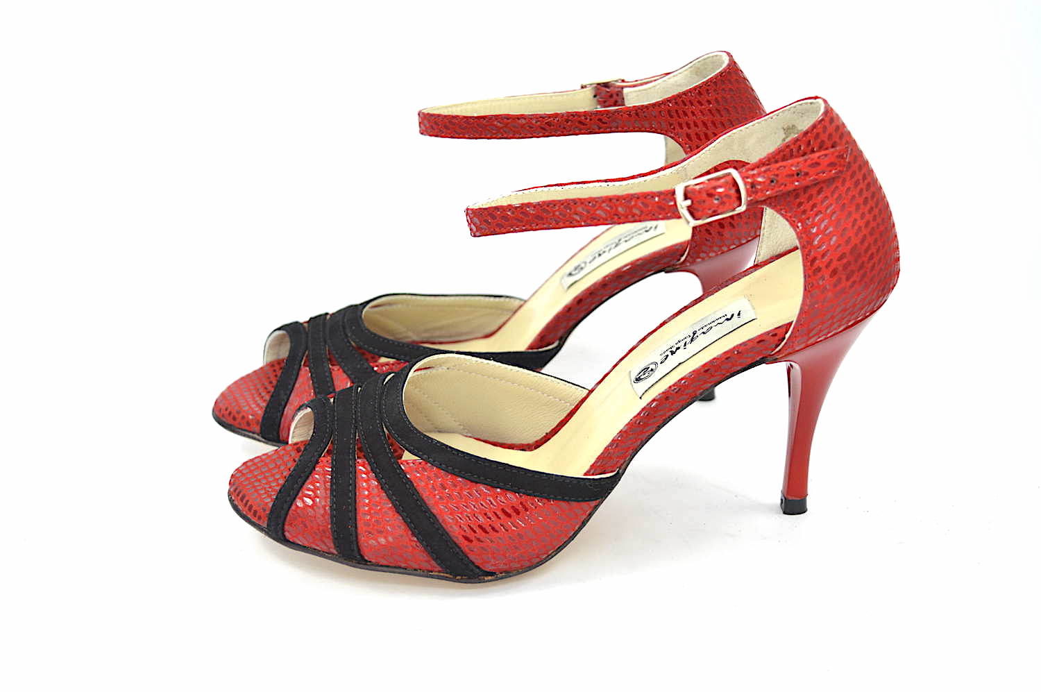 Women's Tango Shoe, peep toe style, with impressive red snake leather and black suede