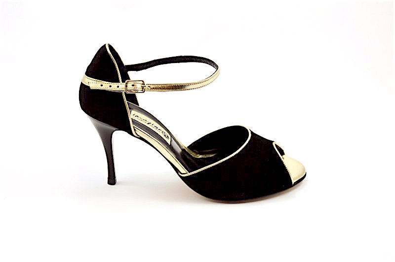 Γυναικείο παπούτσι tango peep toe από μαύρο σουέτ δέρμα και χρυσά λουράκια