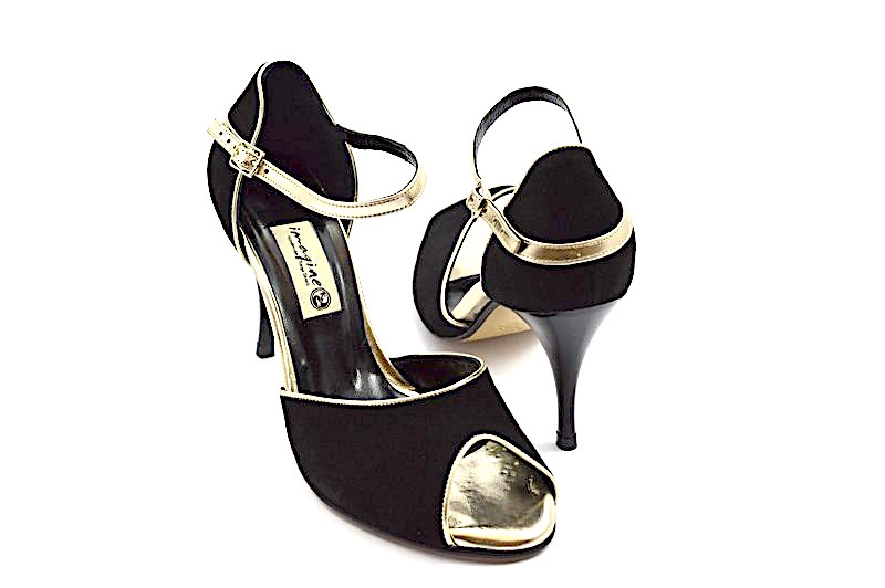 Women's Tango Shoe, peep toe style, with black suede and gold leather straps