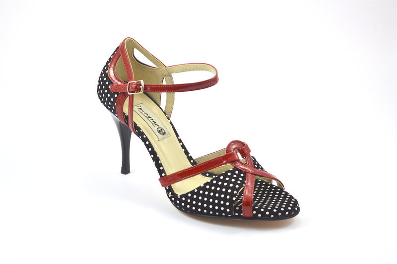 Γυναικείο παπούτσι tango open toe από κόκκινο λουστρίνι και ασπρόμαυρο πουά