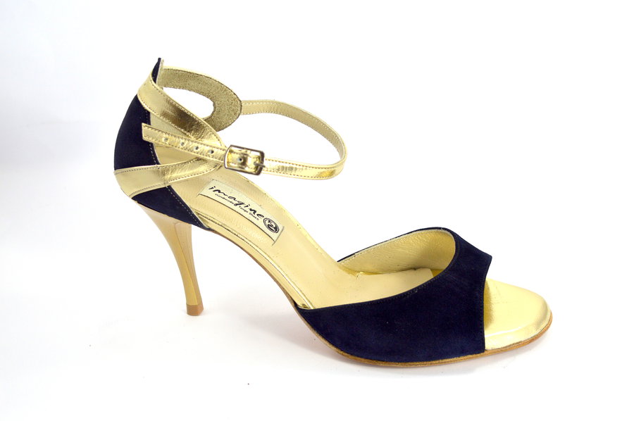 Γυναικείο παπούτσι για Tango Argentino, open toe από μπλε σουέτ και χρυσό δέρμα