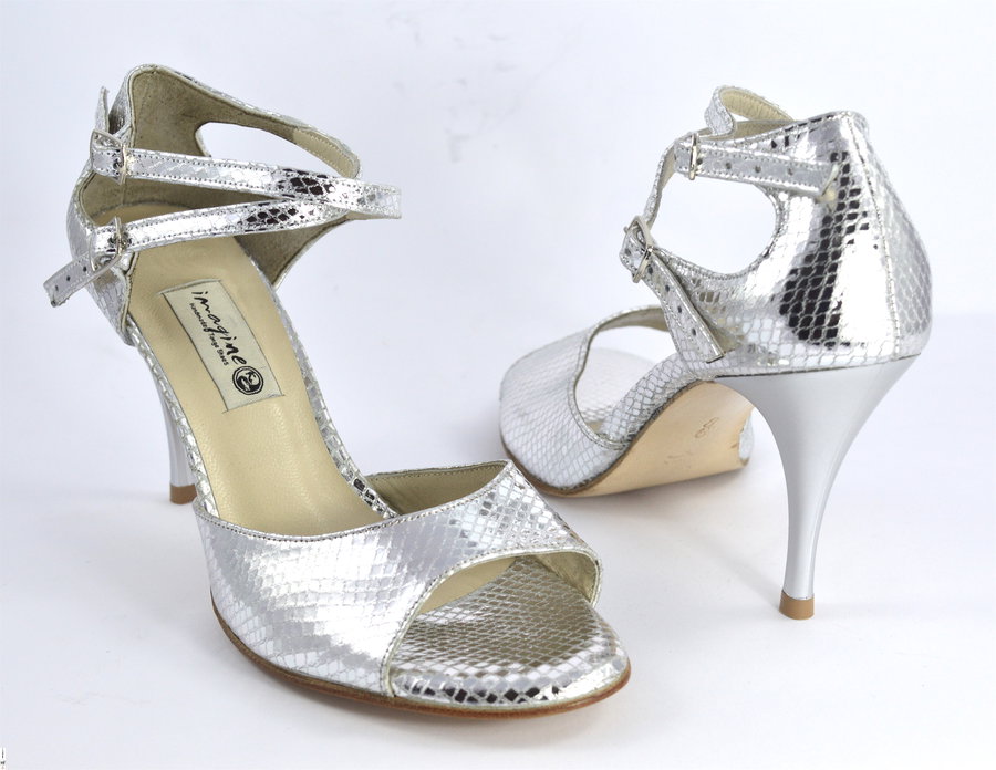 women Tango Shoe , open toe style, silver soft snake leather and double straps