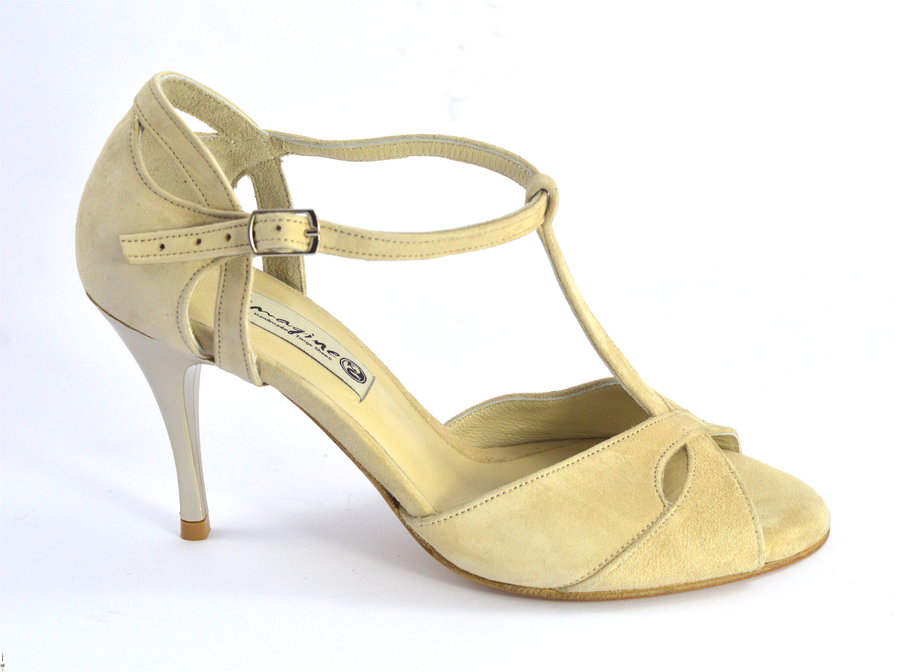 Women's Tango Shoe, peep toe style, by nude suede leather