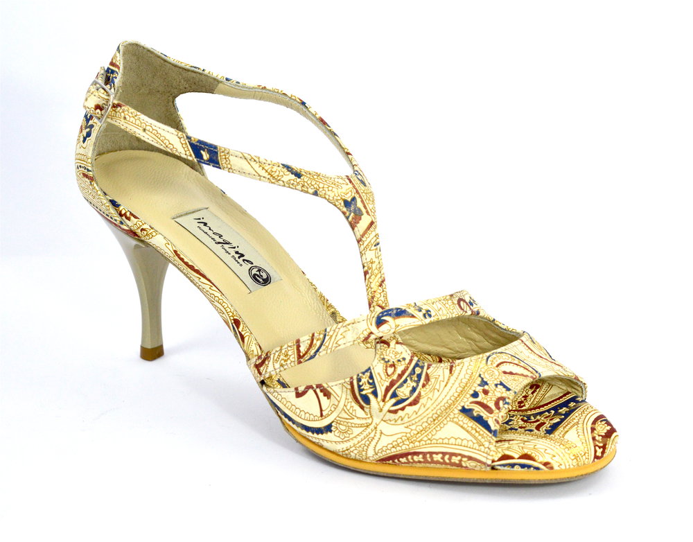 Γυναικείο παπούτσι tango open toe με λοξό λουράκι από χρυσο-μπεζ λαχούρ δέρμα