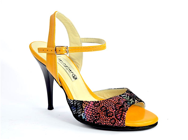 Γυναικείο παπούτσι tango open heel από πολύ ιδιαίτερο χρυσοκίτρινο δέρμα και εντυπωσιακό floral δέρμα