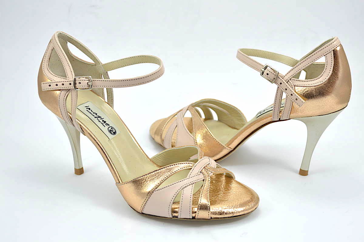 Women's Tango Shoe, open toe style, in nude and rose gold soft leather