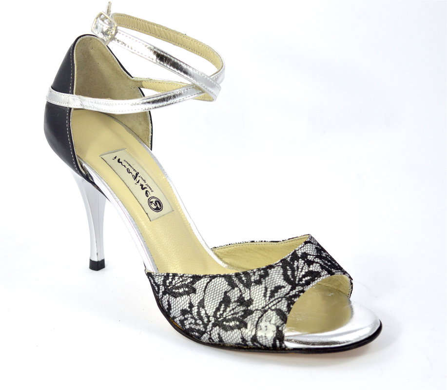 Women Tango Shoe, by black lace and silver leather