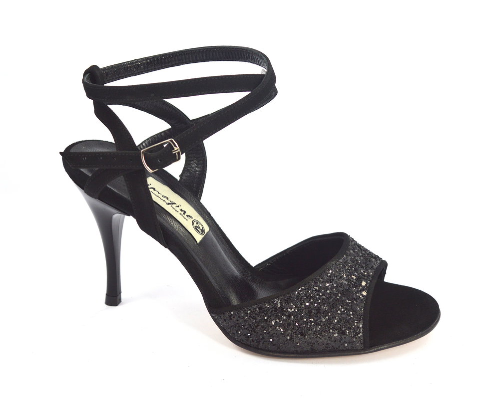 Γυναικείο παπούτσι tango open heel από μαύρο δέρμα και glitter