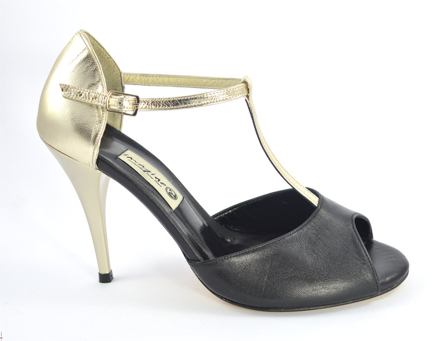 Γυναικείο παπούτσι tango peep toe από μαύρο και χρυσό μαλακό δέρμα