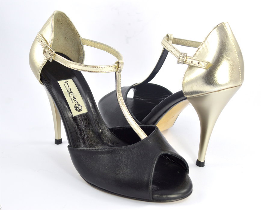 Women's Tango Shoe, peep toe style, black and gold soft leather