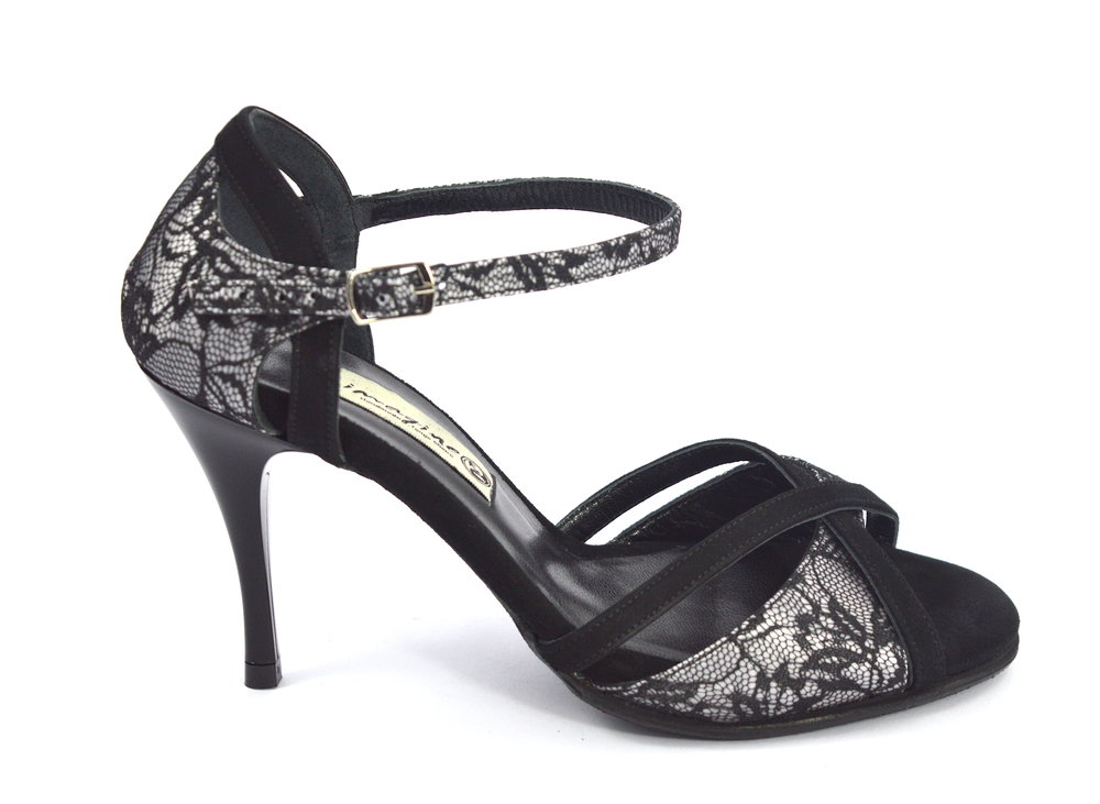 Γυναικείο παπούτσι tango open toe από μαύρο σουέτ και μάυρη δαντέλα