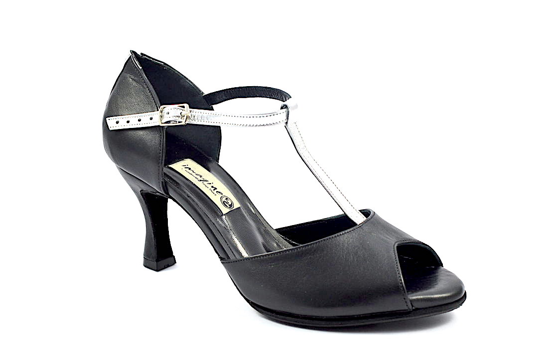 Women's Tango Shoe, peep toe style, with black soft leather and silver straps