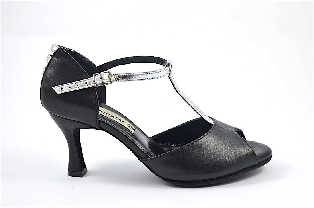Women's Tango Shoe, peep toe style, with black soft leather and silver straps