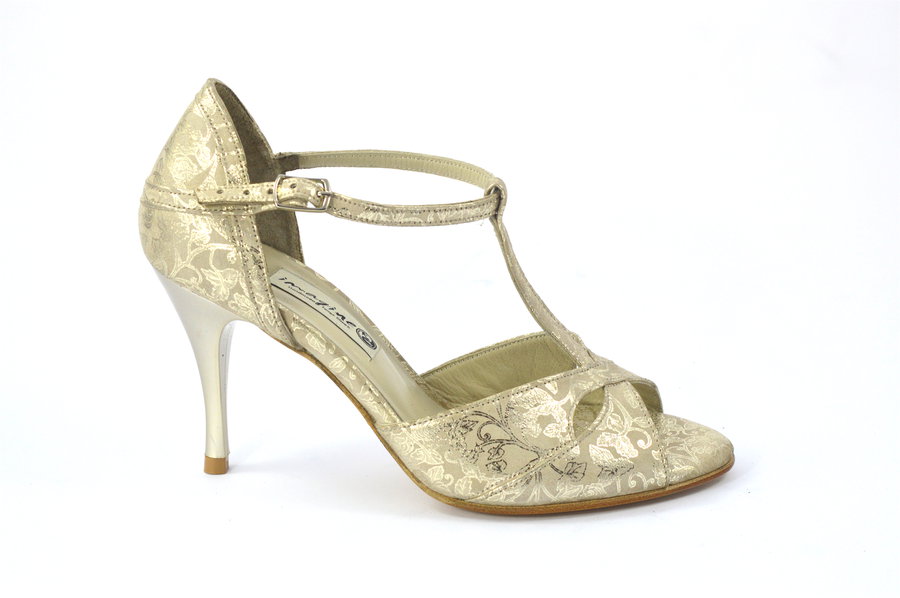 Women Argentine Tango Dance Shoes, peep toe style, by beige suede and gold paisley 