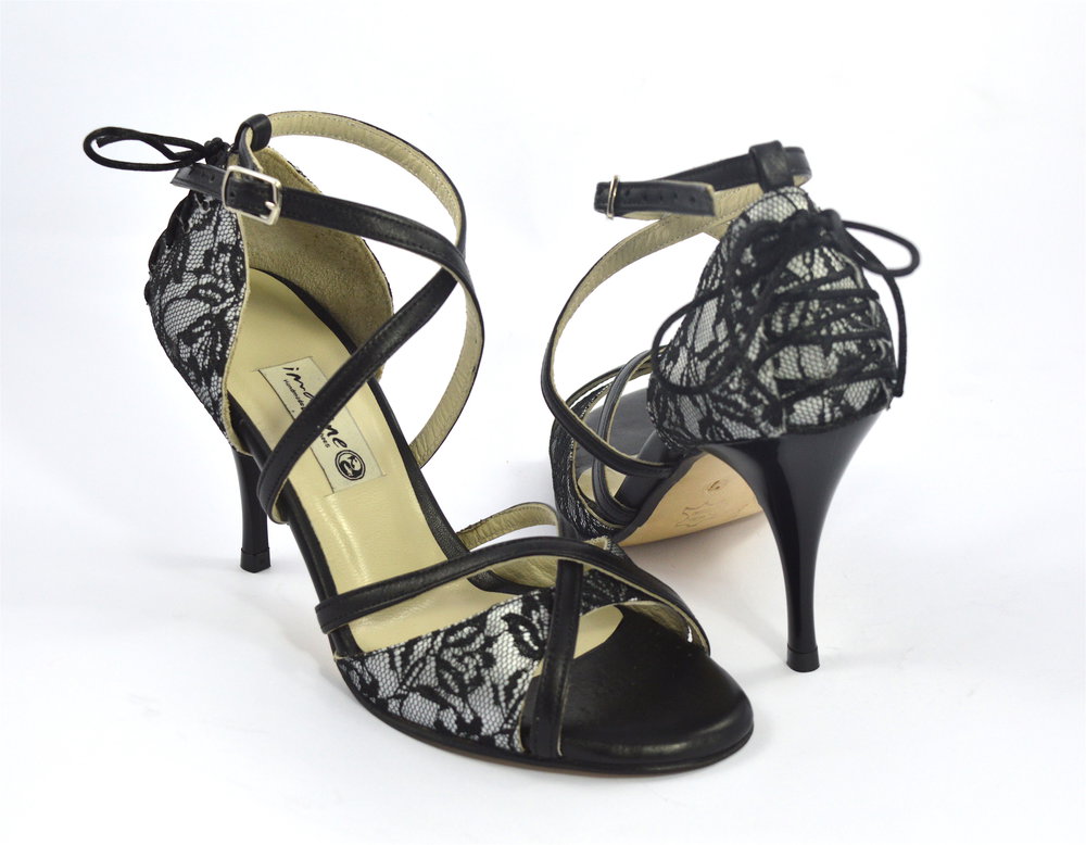 Women's Tango Shoe, open toe style, with black lace and soft black leather
