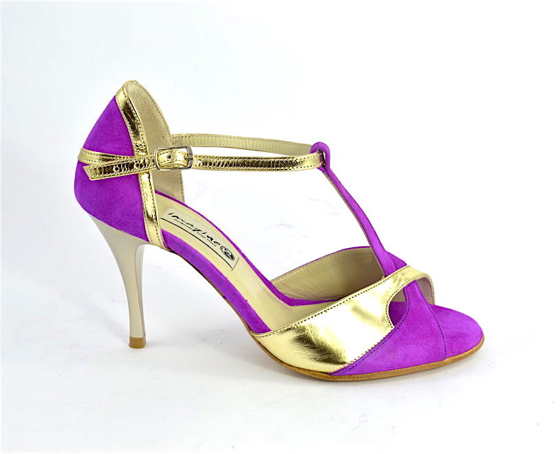 Women's Tango Shoe, peep toe by gold and fuchsia suede leather