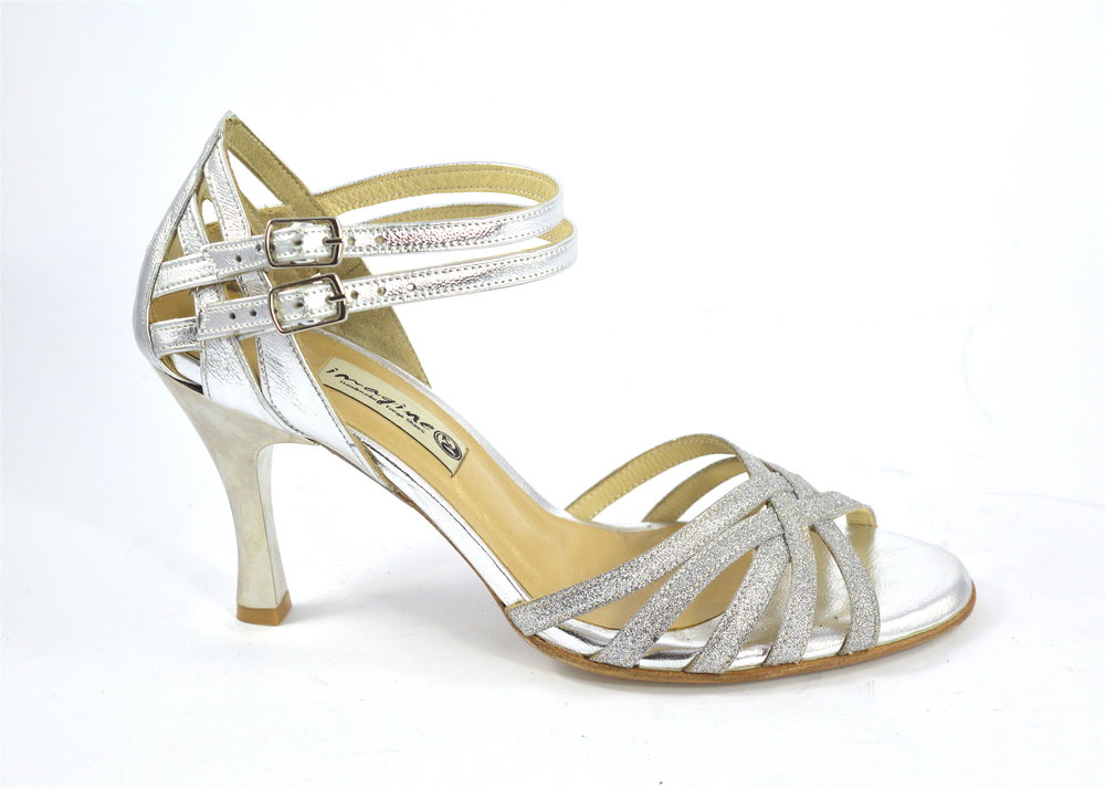 Women Bridal Shoe, open toe style, with double strap, in combination of silver glitter and soft silver leather
