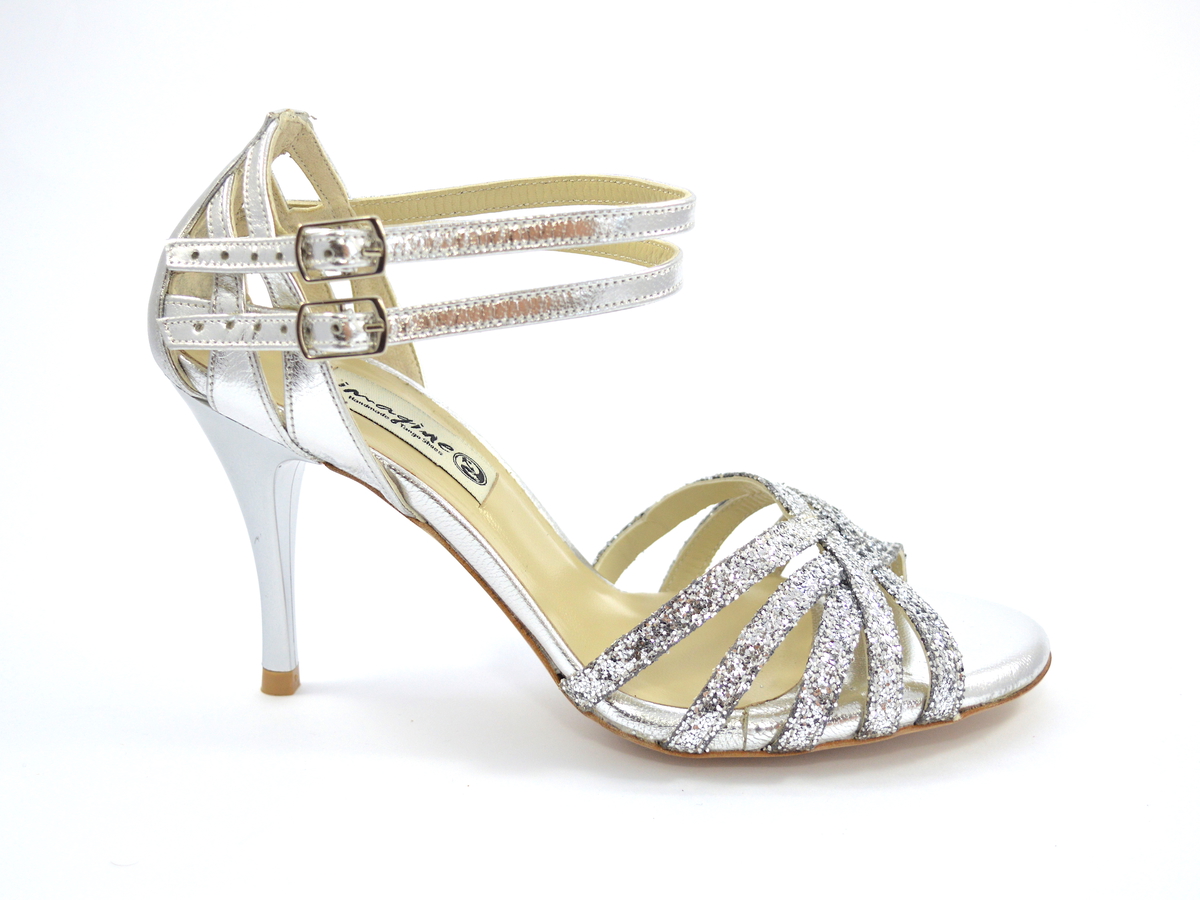 Women Bridal Shoe, open toe style, with double strap, in combination of silver glitter and soft silver leather
