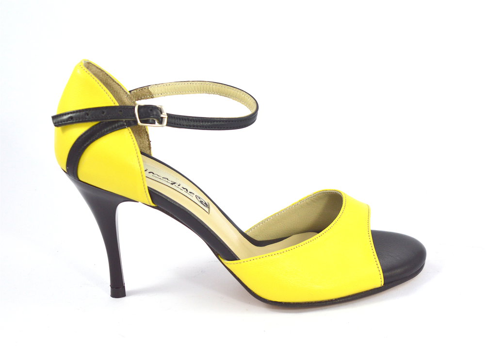 Γυναικείο παπούτσι tango, open toe από κίτρινο και μαύρο δέρμα 