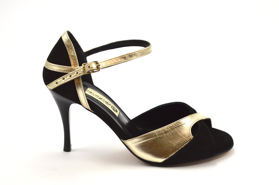 Women's Argentine Tango Shoe, peep toe style, black suede and soft gold leather