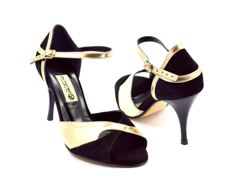 Women's Argentine Tango Shoe, peep toe style, black suede and soft gold leather