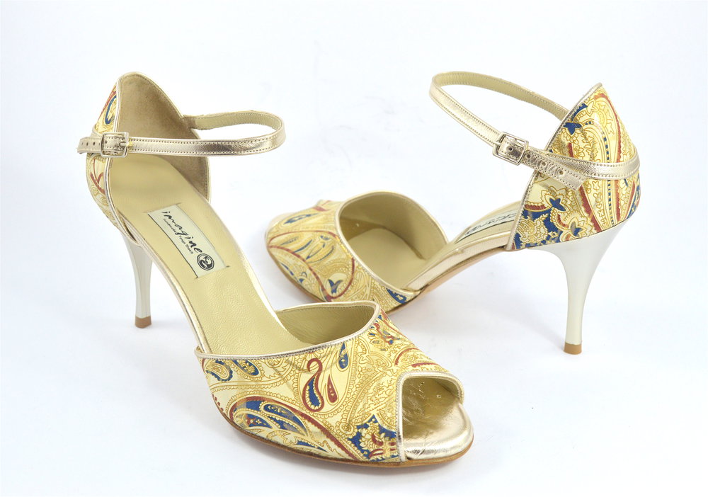 Γυναικείο παπούτσι tango peep toe από χρυσό-μπεζ με σχέδια δέρμα