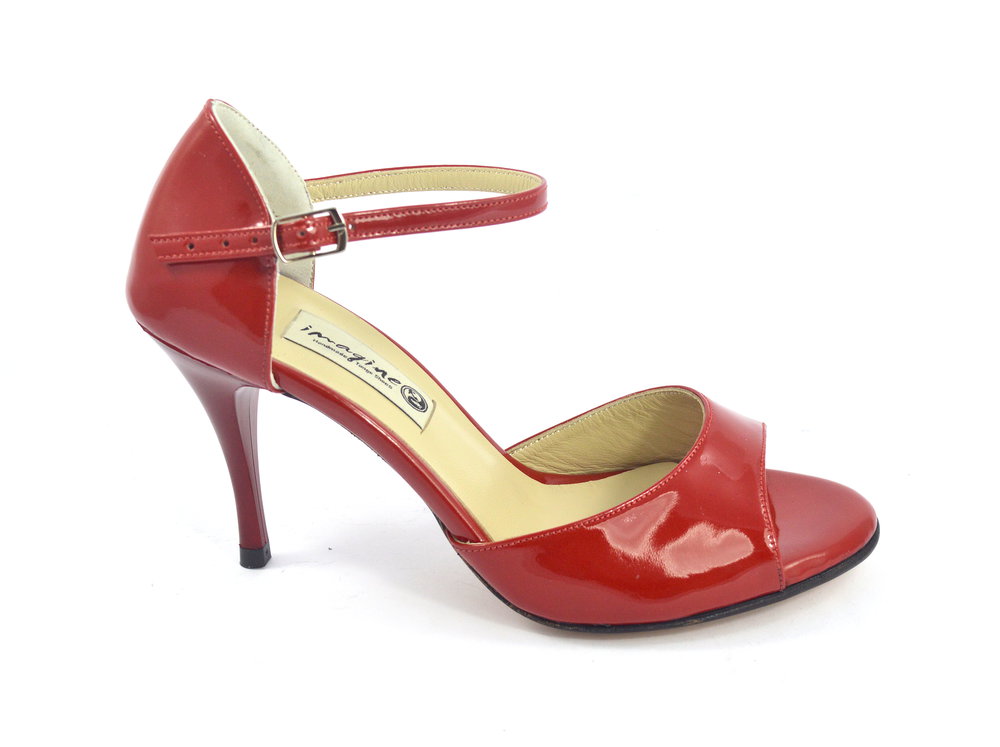 Women Argentine Tango Dance Shoes, open toe style, in red patent leather