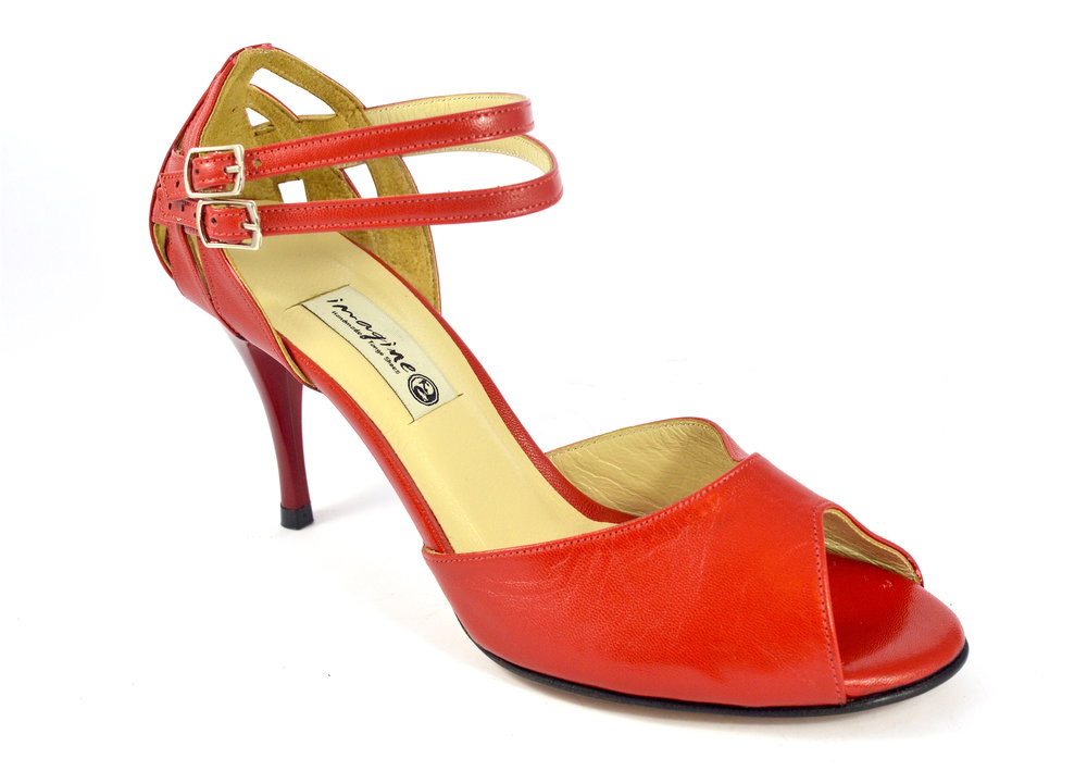 Women Argentine Tango Dance Shoes, peep toe style, in red soft leather