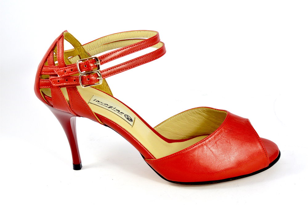 Women Argentine Tango Dance Shoes, peep toe style, in red soft leather