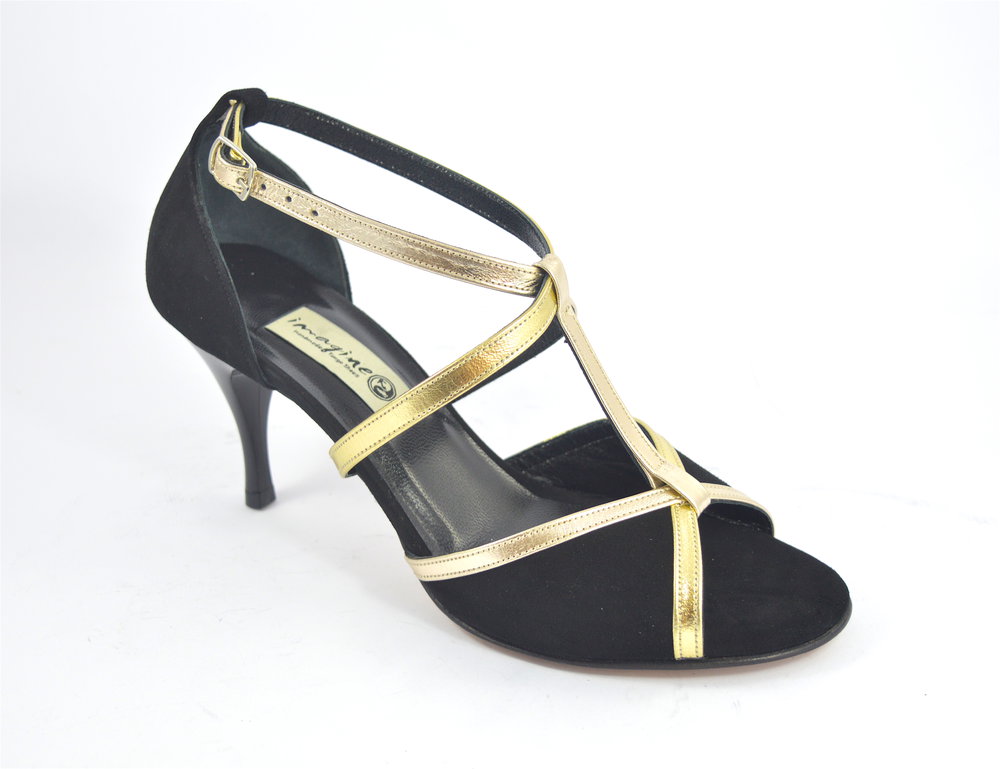 Women's Tango Shoe,  peep toe style, with gold and black suede leather