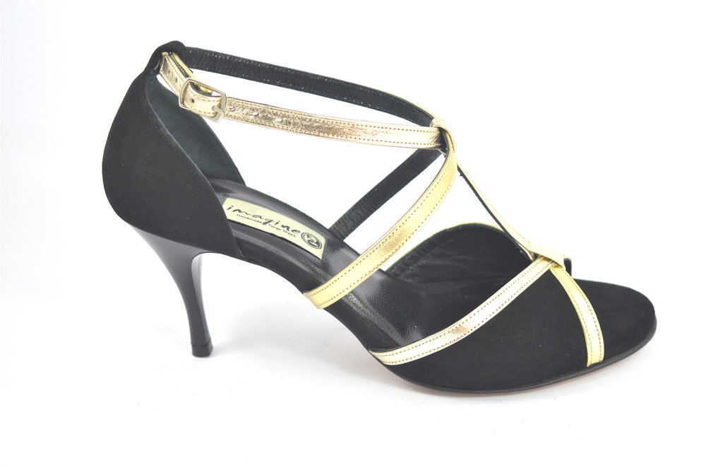 Women's Tango Shoe,  peep toe style, with gold and black suede leather