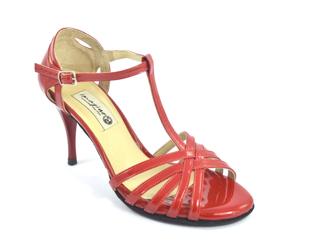 Γυναικείο παπούτσι open toe με λουράκια από κόκκινο λουστρίνι