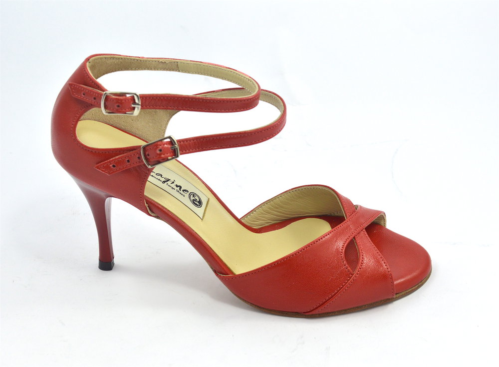 Women argentine tango dance shoes, peep toe style,in red leather