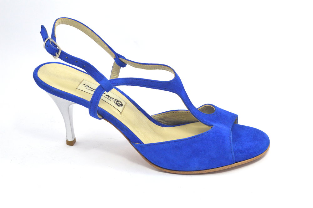 Women Argentine Tango Dance Shoes, open heel style, blue suede