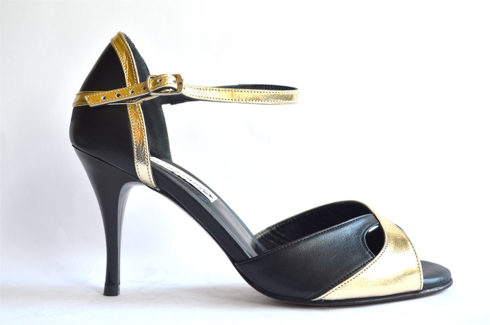 Women Argentine Tango Dance Shoes, peep toe style, black and gold soft leather