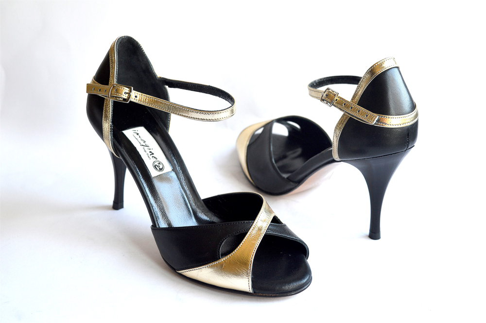 Women Argentine Tango Dance Shoes, peep toe style, black and gold soft leather