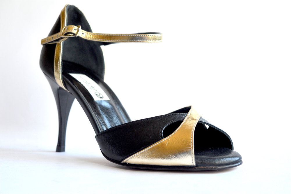 Γυναικείο παπούτσι χορού αργεντίνικου tango peep toe από μαύρο και χρυσό μαλακό δέρμα