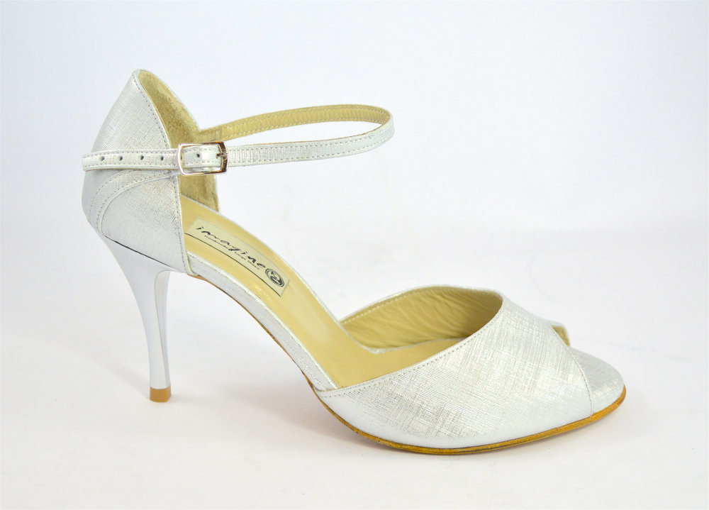 Γυναικείο παπούτσι tango peep toe από ιδιαίτερο λευκό-ασημί δέρμα