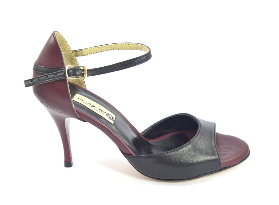 Γυναικείο παπούτσι tango, open toe από μαλακό μπορντό και μαύρο δέρμα