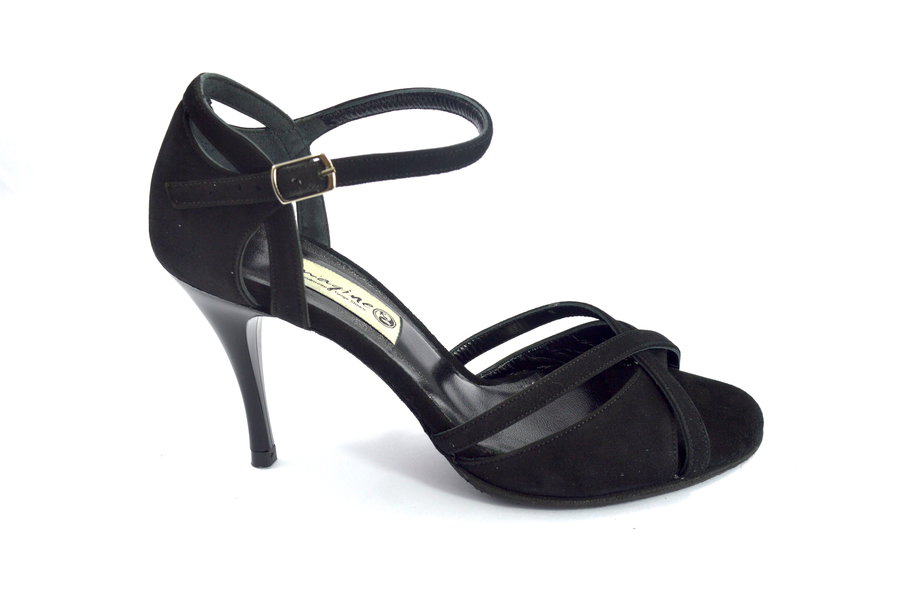 Women tango shoe, open toe style, by black suede leather