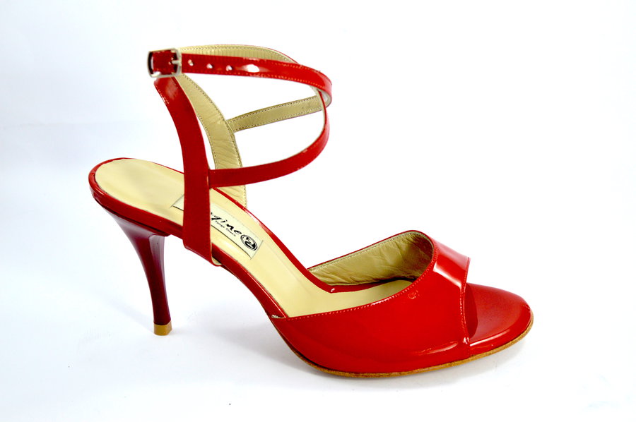 Women Argentine Tango Dance Shoes, open heel in red patent leather