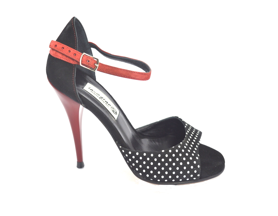 Women's Tango Shoe, with white polka dots and black-red suede leather.