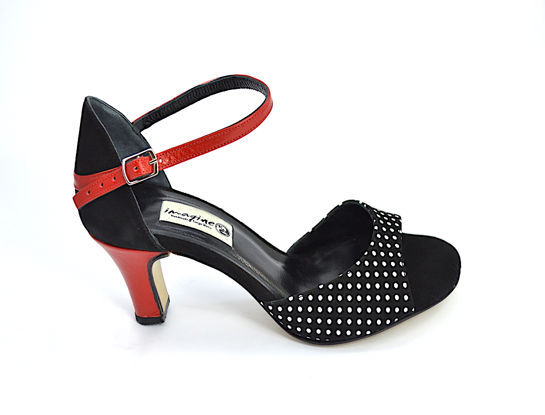 Γυναικείο παπούτσι tango open toe από μαύρο και κόκκινο σουέτ δέρμα και ασπρόμαυρο πουά