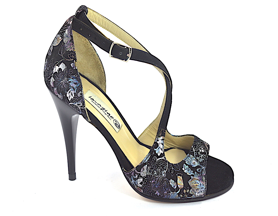 Women's Tango Shoe, open toe style, with floral black suede and black suecde leather