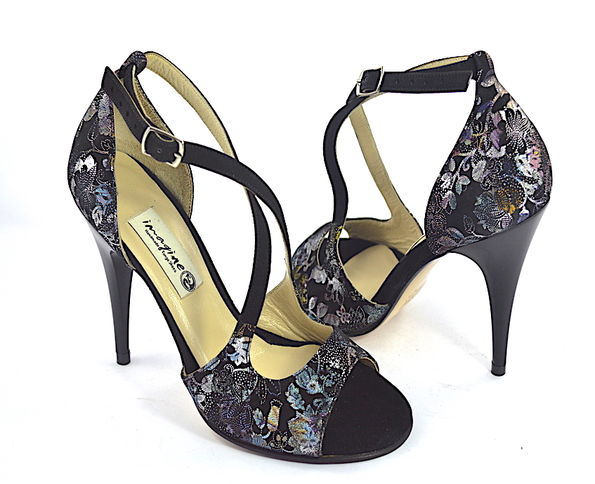 Women's Tango Shoe, open toe style, with floral black suede and black suecde leather