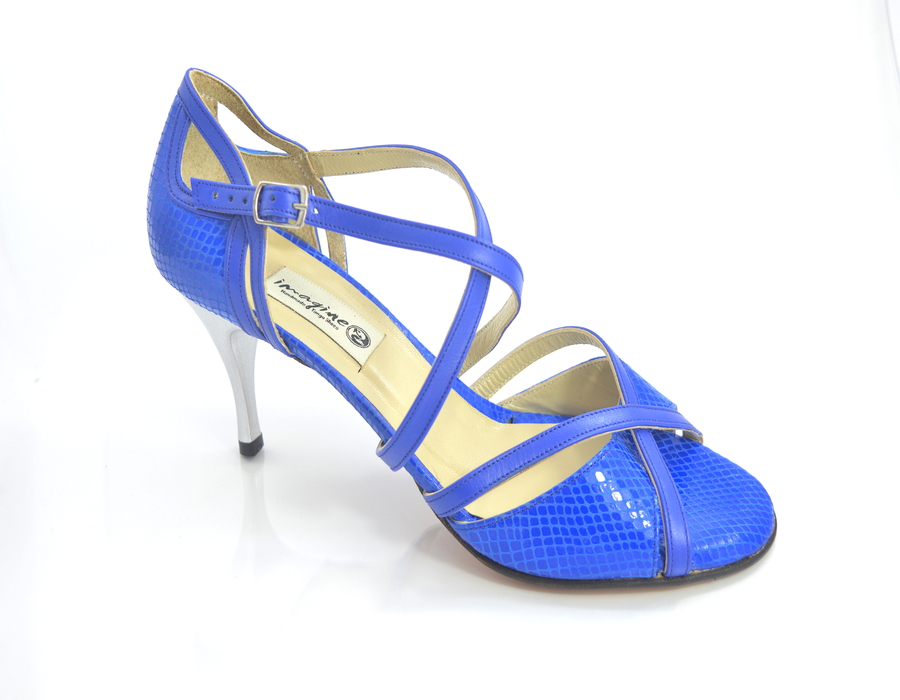 omen's Tango Shoe, open toe style, with blue snake and blue soft leather